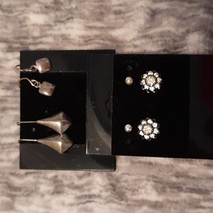 Set/4 pairs silver and rhinestone earrings